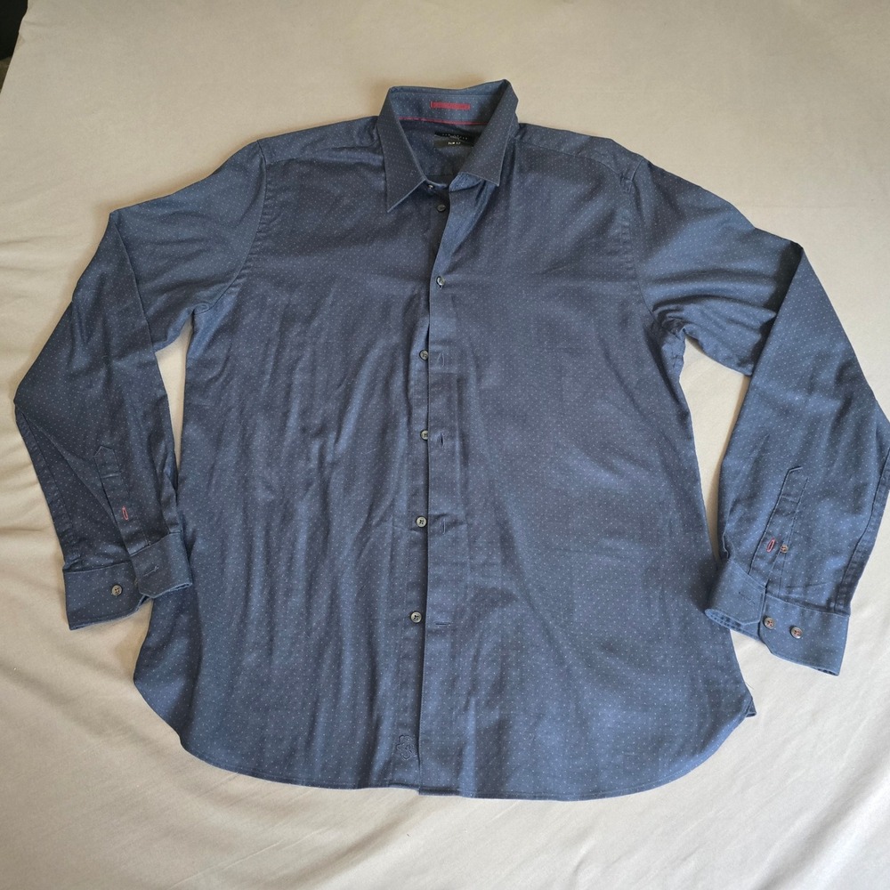 Ted Baker Button Down Shirt Mens 17 Navy Slim Fit Geometric Diamond Pattern